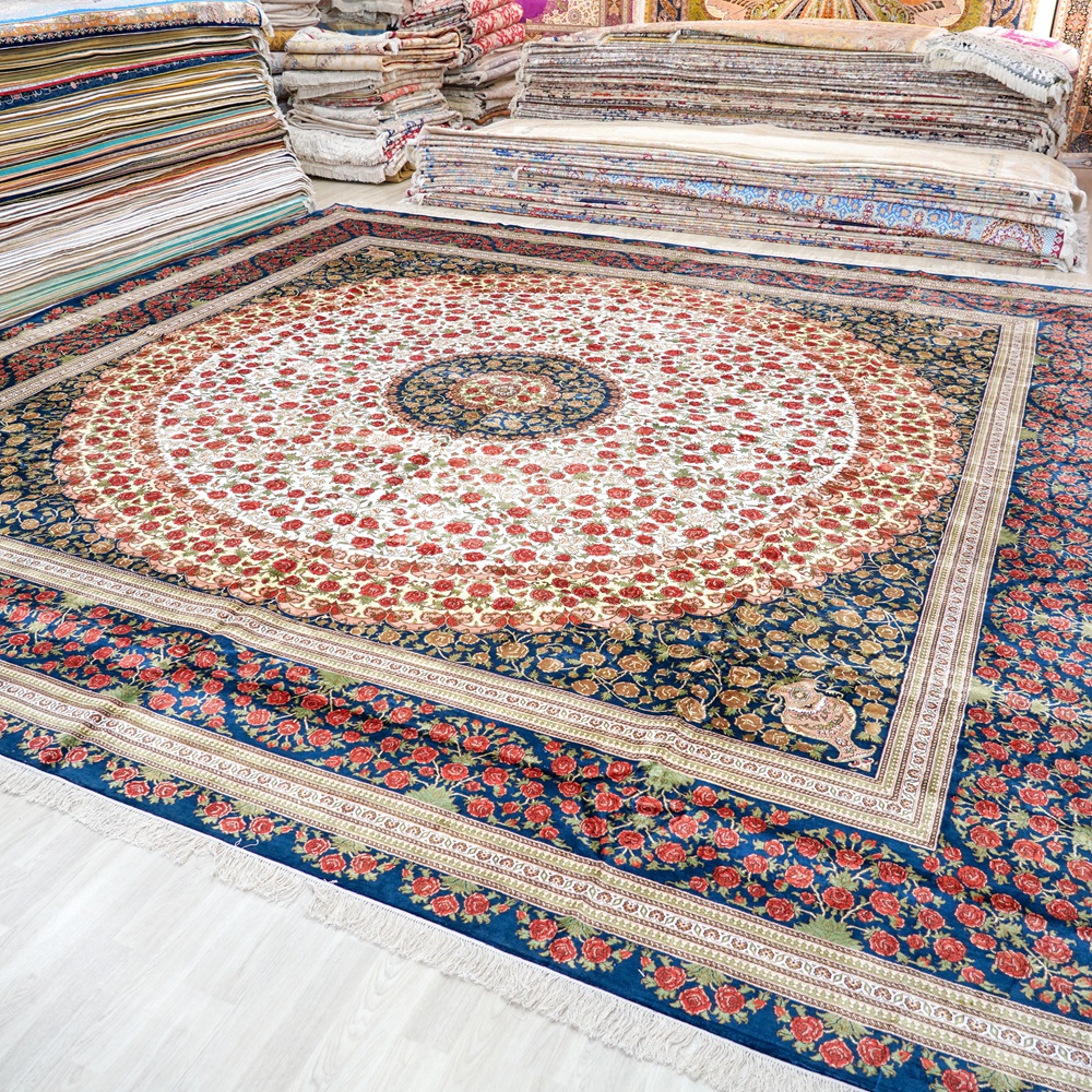 Yilong Carpet 16x16ft Square Oriental Silk Carpets Handmade Extra Large Vintage Rose Area Rug for Living Room Bedroom Dinning Room