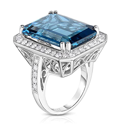KOKAV 14K White Gold London Blue Topaz Emerald Cut, Diamonds Cocktail Ring, Size 7, Genuine Gemstone