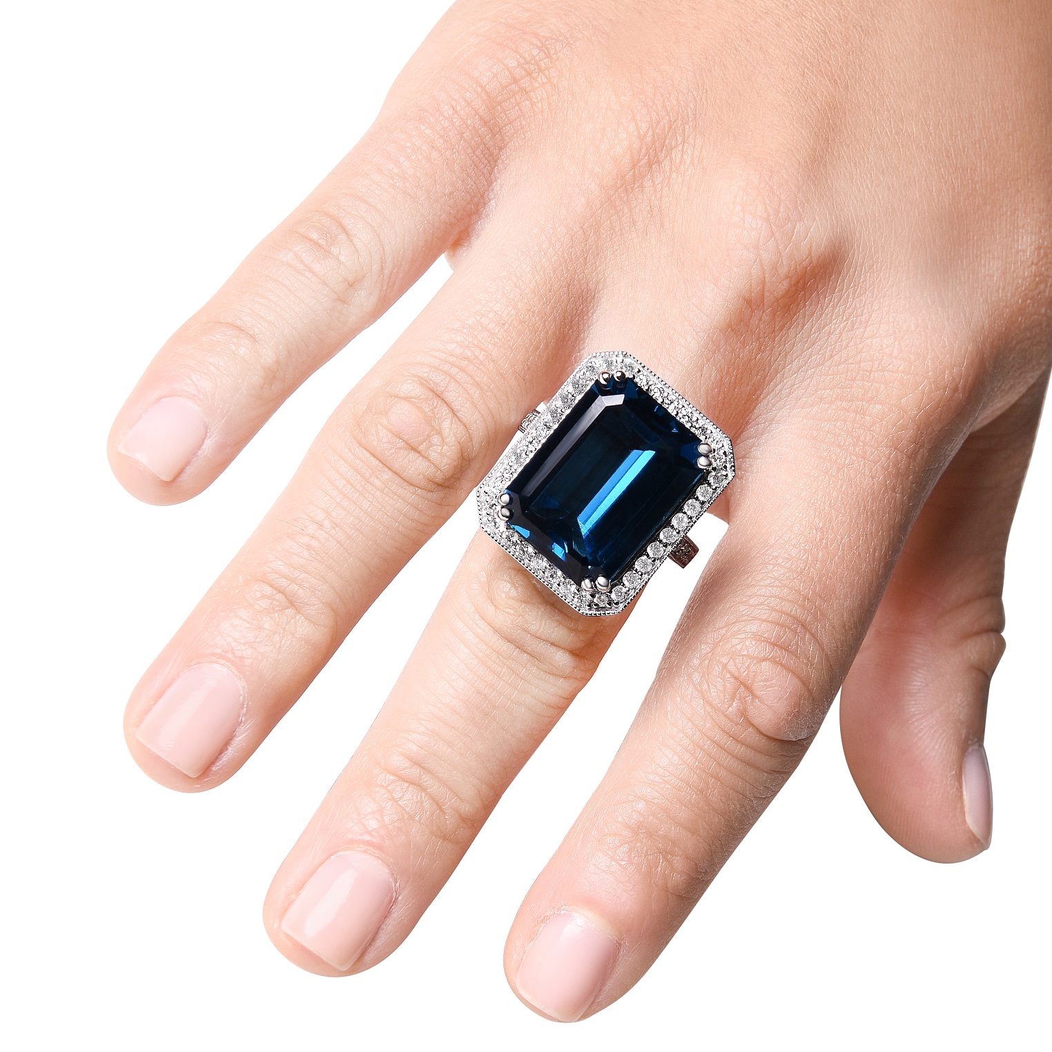 KOKAV 14K White Gold London Blue Topaz Emerald Cut, Diamonds Cocktail Ring, Size 7, Genuine Gemstone