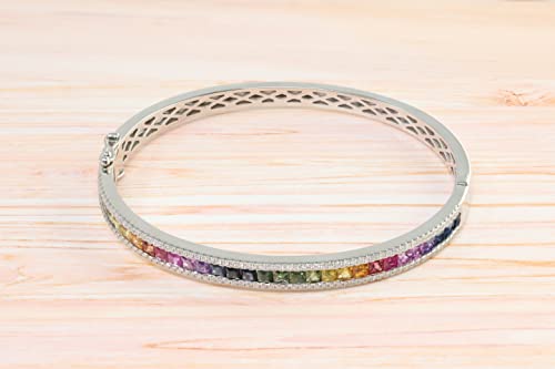 KOKAV 14K White Gold Genuine Multicolor Sapphire Princess Cut 4-5/8 Ct Bangle Bracelet with Diamonds