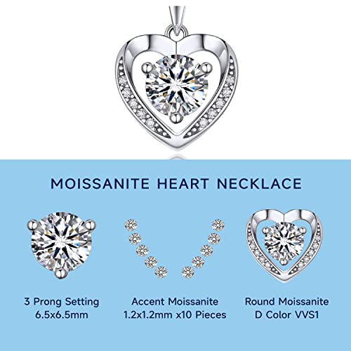 MomentWish Heart Necklaces for Women, 1 Carat Moissanite Pendant Necklace, D Color VVS1 Simulated Diamond 925 Sterling Silver Heart Pendant Necklace