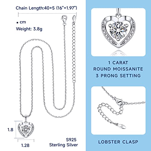 MomentWish Heart Necklaces for Women, 1 Carat Moissanite Pendant Necklace, D Color VVS1 Simulated Diamond 925 Sterling Silver Heart Pendant Necklace