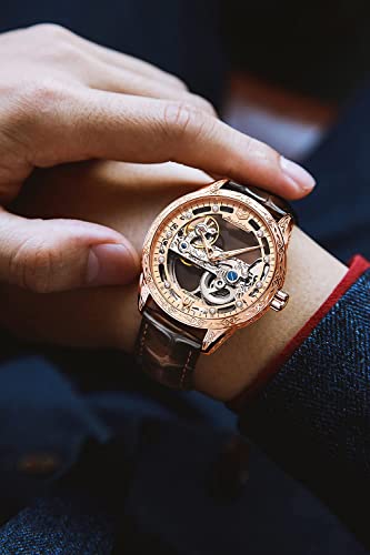 OLEVS Men s Skeleton Mechanical Dress Watch Automatic Self Winding Waterproof Luminous Luxury Leather Wrist Watches