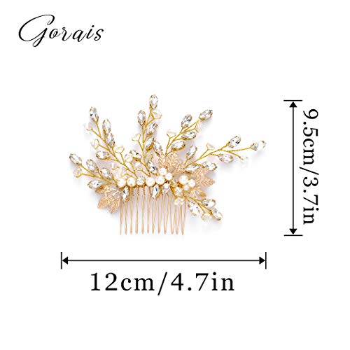 Gorais Bride Wedding Hair Comb Crystal Bridal Hair Accessories Pearl Leaf Hair Piece Rhinestone Hair Jewelry for Women and Girls (A-Gold)