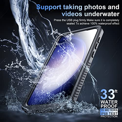 Temdan for Samsung Galaxy S23 Case,Waterproof Built-in Lens & Screen Protector[Full Body Shockproof][12 FT Military Drop Proof][Dustproof][IP68 Underwater] Case for Galaxy S23 5G 6.1’’-Black/Clear