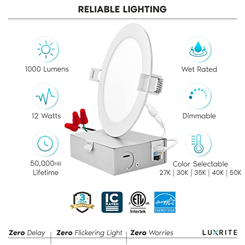 LUXRITE 5 Inch Ultra Thin LED Recessed Light with Junction Box, 12W, 5 Color Selectable 2700K-5000K, 1000 Lumens, Dimmable LED Wafer Lights, Wet Rated, IC Rated, Energy Star, ETL Listed (4 Pack)