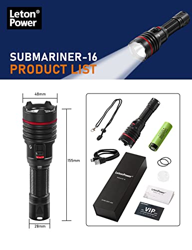 Diving Flashlight,LetonPower 2000Lumens Dive Light,100m Underwater Lights,Dive Lights Scuba Diving,with Type-C Charging Underwater Flashlight for Professional Outdoor Underwater Sports
