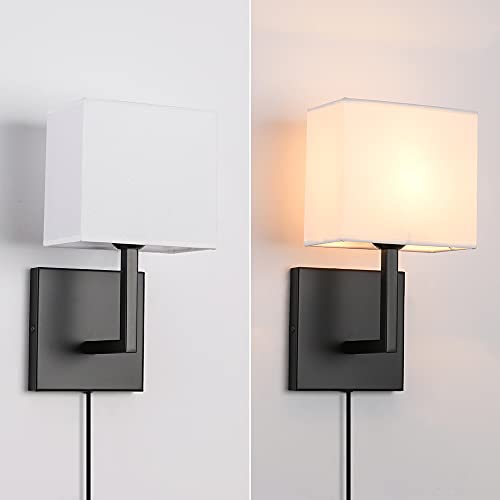 Plug in Wall Sconce Set of 2, Indoor Bedside Wall Lamp Light with Plug-in Cord and On Off Toggle Switch, Vintage Industrial Nightstand Lamps with White Fabric Square Lamp Shade for Living Room, Black