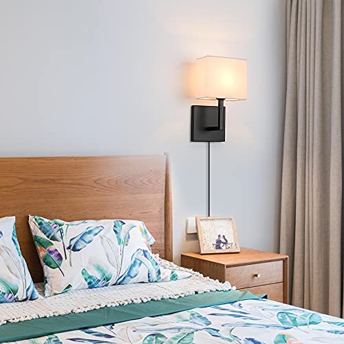Plug in Wall Sconce Set of 2, Indoor Bedside Wall Lamp Light with Plug-in Cord and On Off Toggle Switch, Vintage Industrial Nightstand Lamps with White Fabric Square Lamp Shade for Living Room, Black