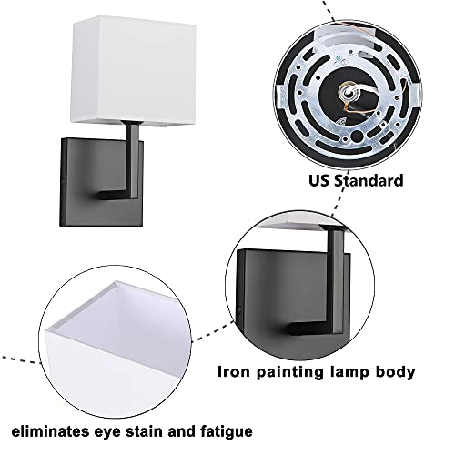 Plug in Wall Sconce Set of 2, Indoor Bedside Wall Lamp Light with Plug-in Cord and On Off Toggle Switch, Vintage Industrial Nightstand Lamps with White Fabric Square Lamp Shade for Living Room, Black