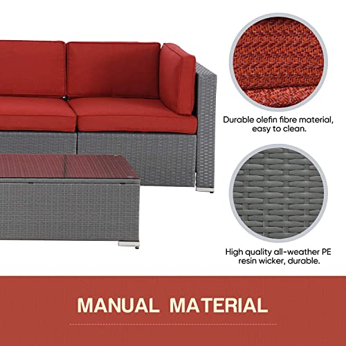 SOLAURA 5-Piece Outdoor Patio Furniture Set, Grey Wicker Furniture Modular Sectional Sofa Set with YKK Zipper &Coffee Table- Red