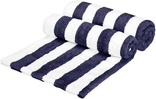 Amazon Basics Cabana Stripe Beach Towel - 2-Pack, Navy Blue