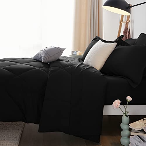 CozyLux Queen Comforter Set with Sheets 7 Pieces Bed in a Bag Black All Season Bedding Sets with Comforter, Pillow Shams, Flat Sheet, Fitted Sheet and Pillowcases