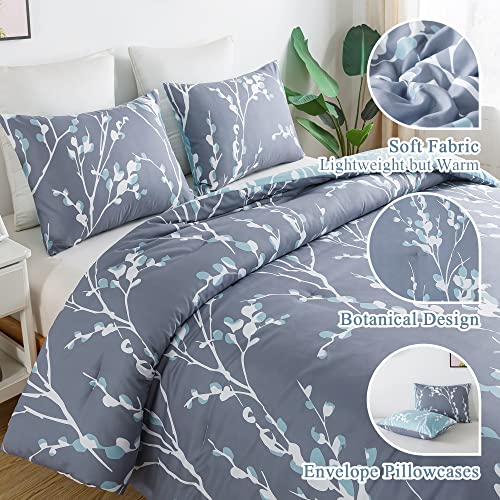 Andency Blue Grey Branches Comforter Set Full Size (79x90 Inch) - Reversible Flower Plum Blossom Bed Set 3 Pieces Bed in a Bag Soft Lightweight Microfiber Comforter Bedding Set