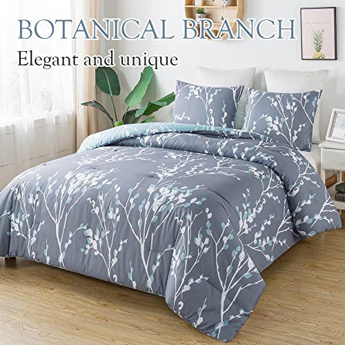 Andency Blue Grey Branches Comforter Set Full Size (79x90 Inch) - Reversible Flower Plum Blossom Bed Set 3 Pieces Bed in a Bag Soft Lightweight Microfiber Comforter Bedding Set