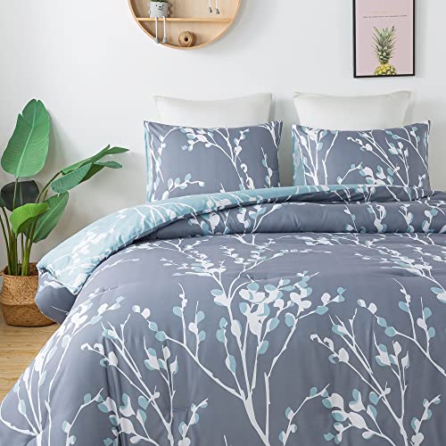 Andency Blue Grey Branches Comforter Set Full Size (79x90 Inch) - Reversible Flower Plum Blossom Bed Set 3 Pieces Bed in a Bag Soft Lightweight Microfiber Comforter Bedding Set