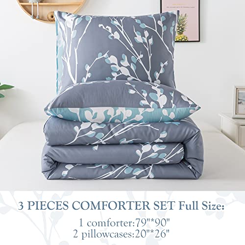 Andency Blue Grey Branches Comforter Set Full Size (79x90 Inch) - Reversible Flower Plum Blossom Bed Set 3 Pieces Bed in a Bag Soft Lightweight Microfiber Comforter Bedding Set