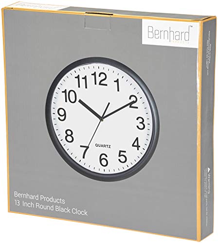 Bernhard Products Black Wall Clock, Large 13-Inch Silent Non Ticking Quartz Battery Operated Round Easy to Read Classroom/Home/School/Office Clock